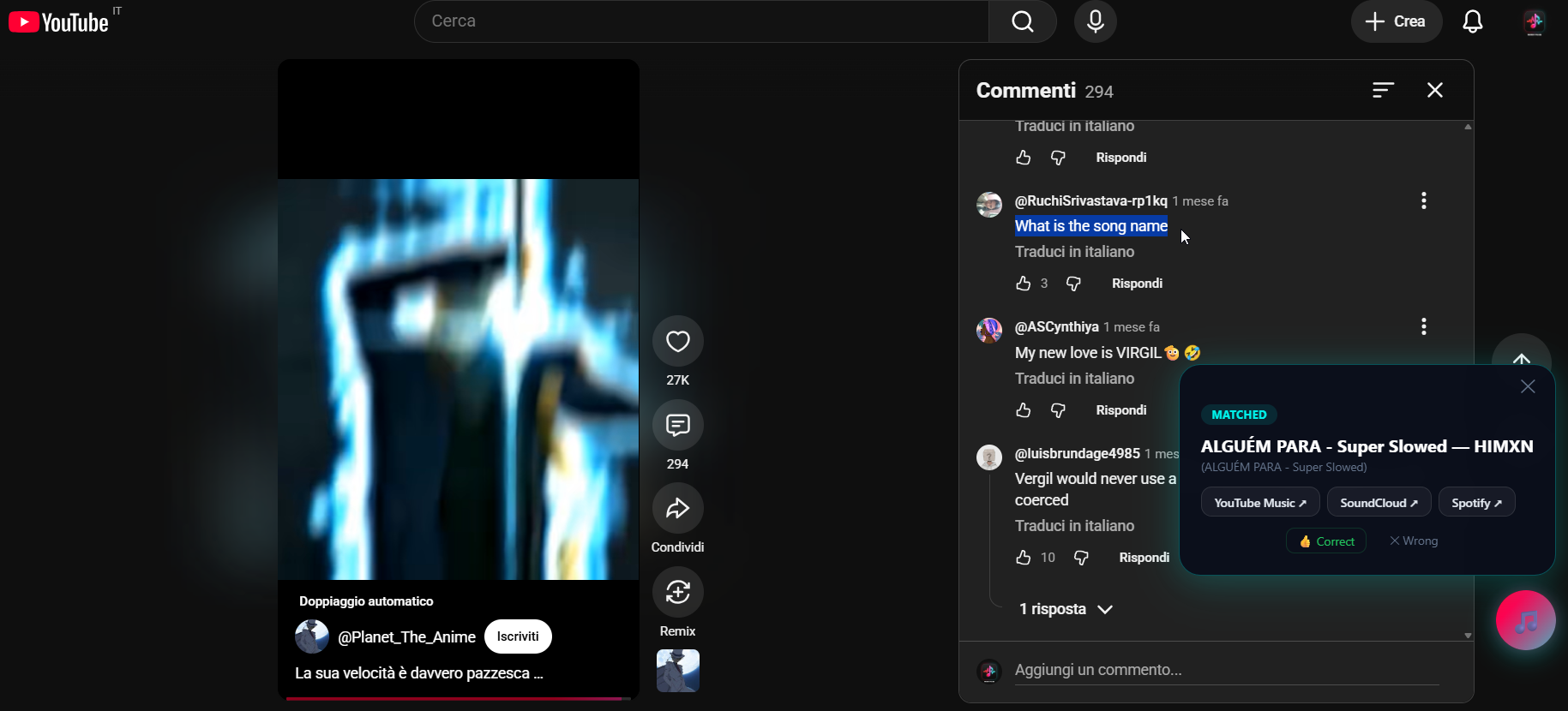 MusicPulse Chrome extension identifying a song on YouTube Shorts
