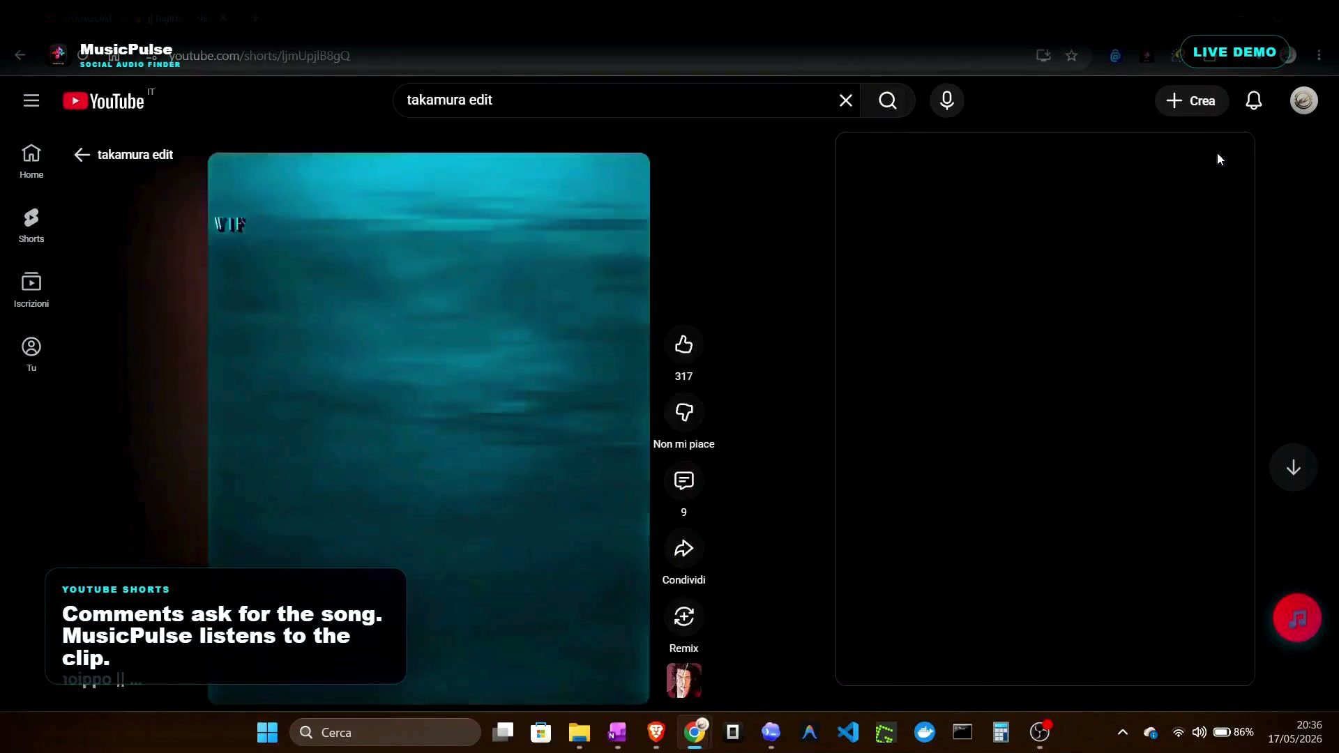 Still from the MusicPulse demo showing a social clip being identified