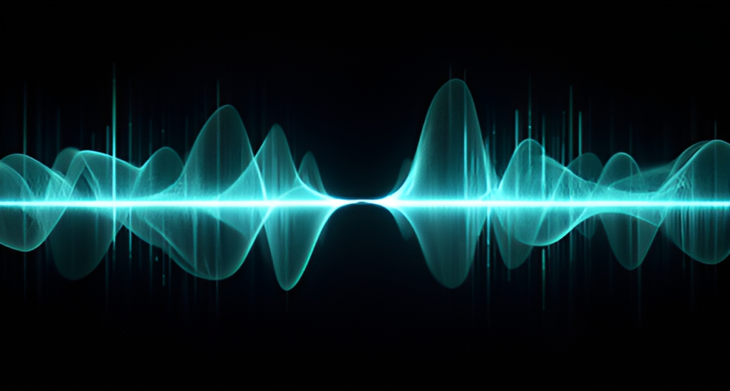 Abstract audio waveform in cyan on a dark background