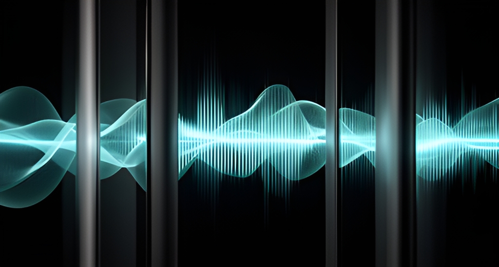 Abstract audio waveform in cyan crossing vertical bars, on a dark background