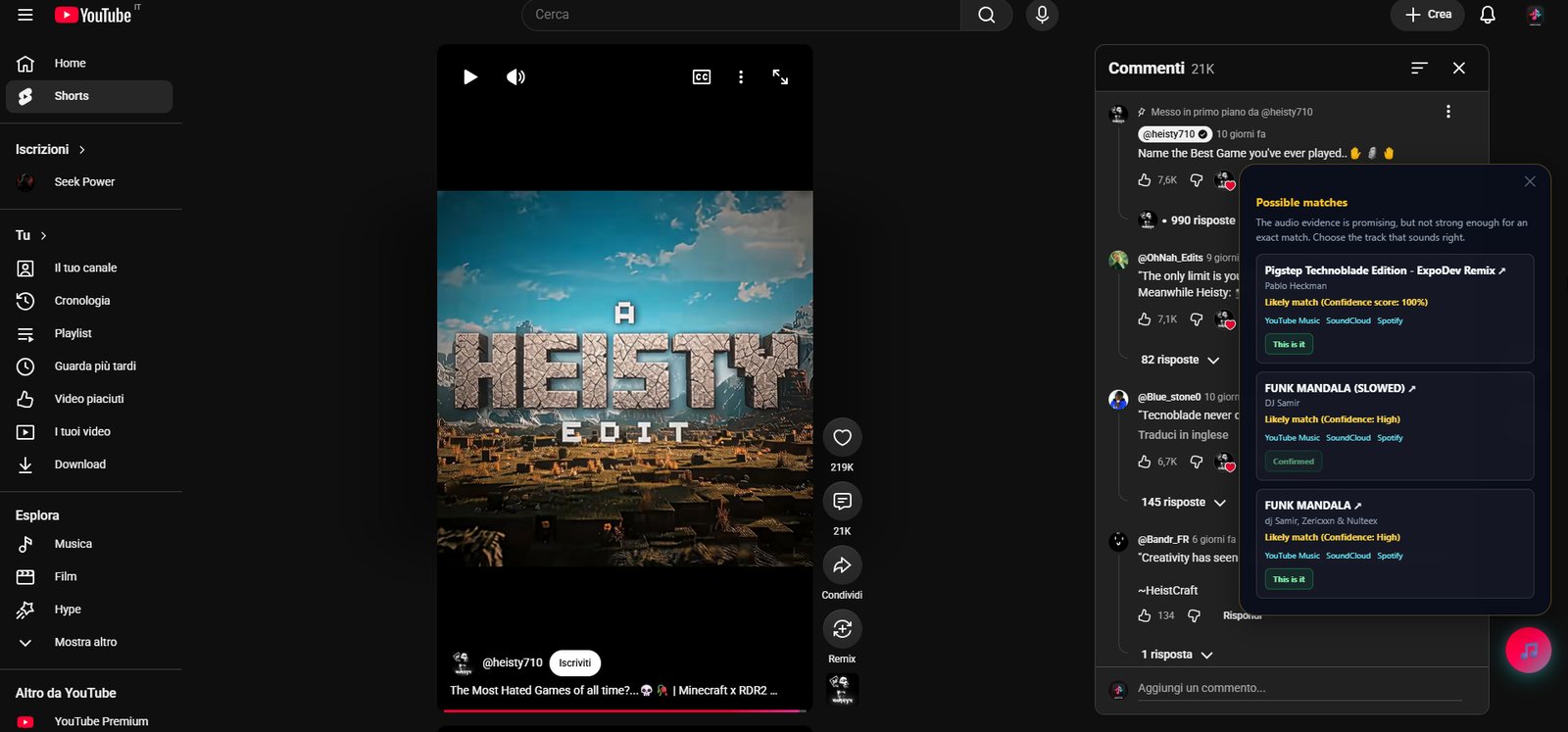 A YouTube Short with 21K comments open beside the MusicPulse panel listing three possible matches with confidence scores