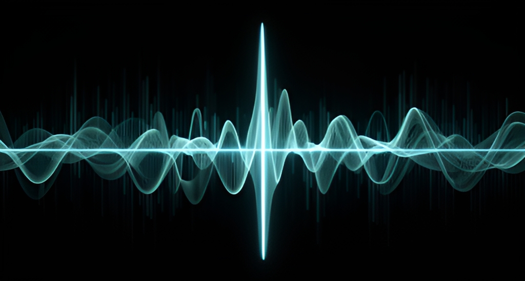 Abstract audio waveform with one tall peak emerging from tangled waves, cyan on dark