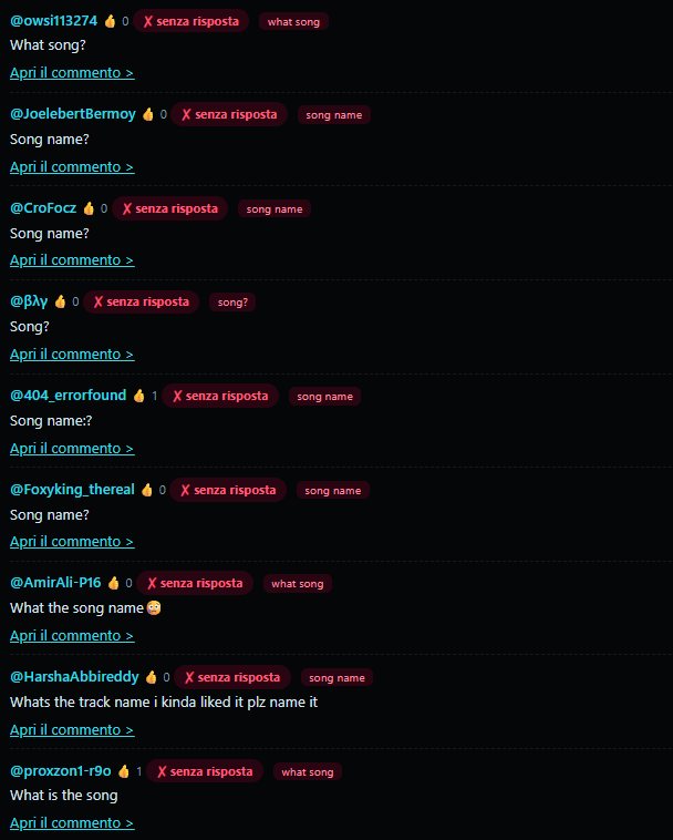 A list of nine YouTube comments, each asking for the same thing: what song, song name, what is the song